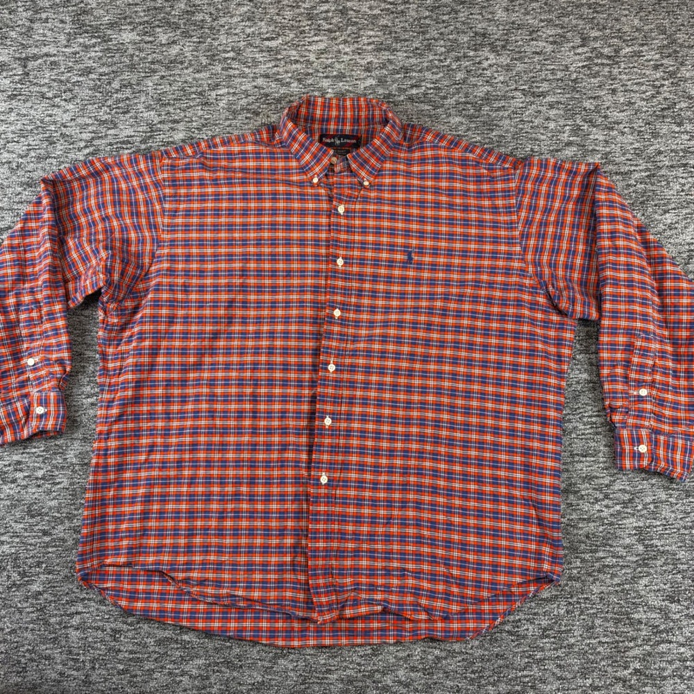 Vintage Ralph Lauren Big Shirt Mens XL Orange Navy Plaid Cotton Button Down